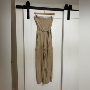 Strapless Belted Cargo Jumpsuit in Taupe